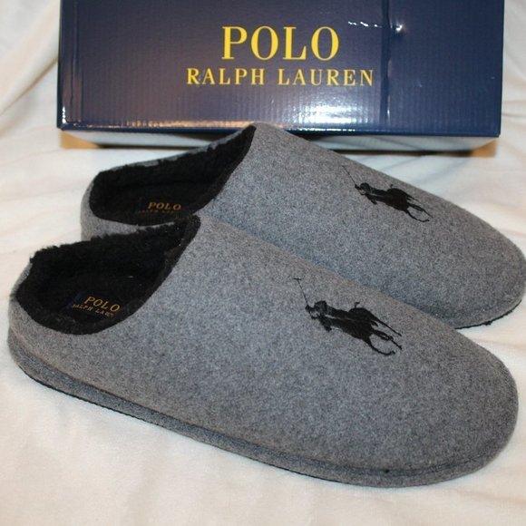 NIB UGG‎ MEN'S POLO RALPH LAUREN WOOL SLIP ON LOGO SLIPPERS GRAY - Picture 1 of 6